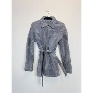 Vintage 90s Henig Furs leather patchwork belted jacket blue MD glam penny lane
